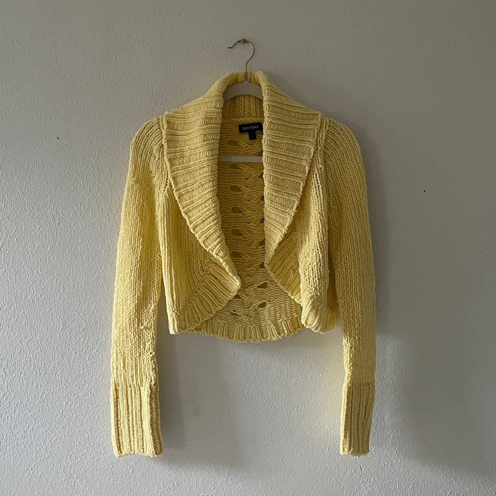 Bebe Crop Cardigan Open Front Chunky Yellow Sweater